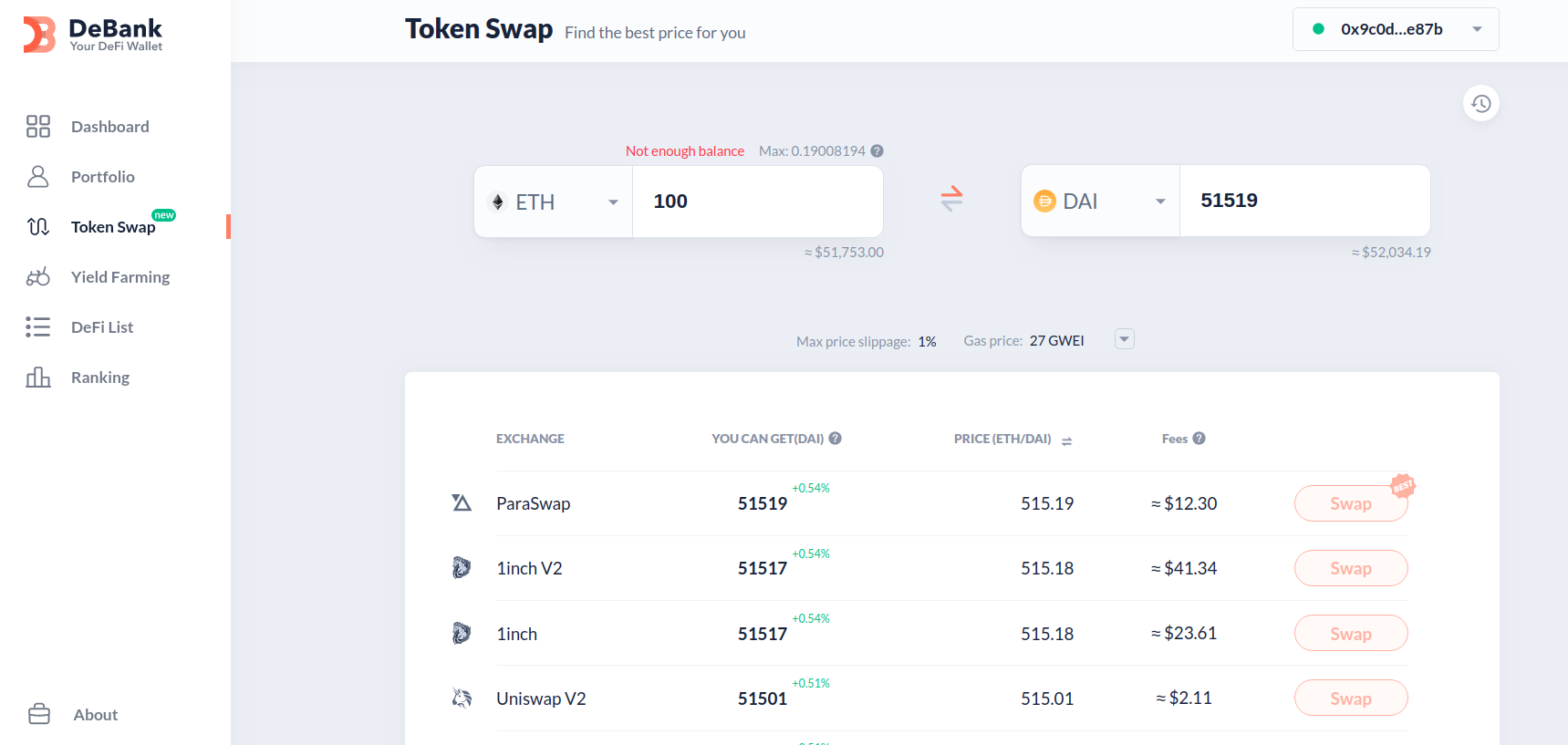 Debank Swap Comparator