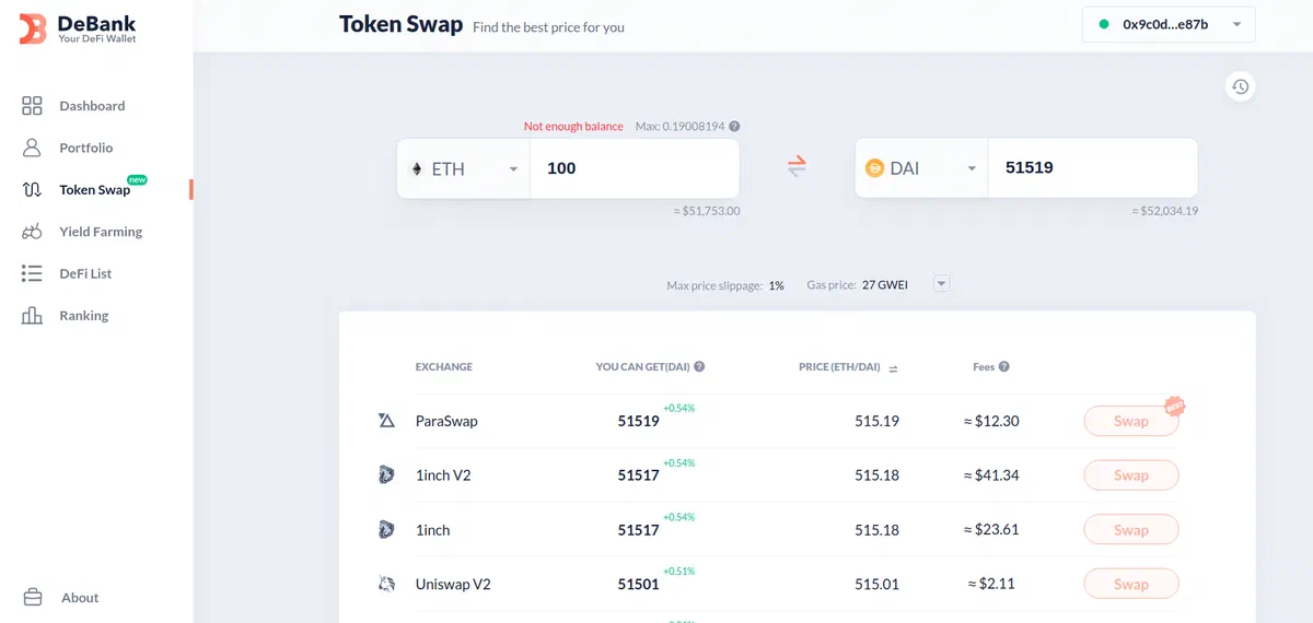 Debank Swap Comparator