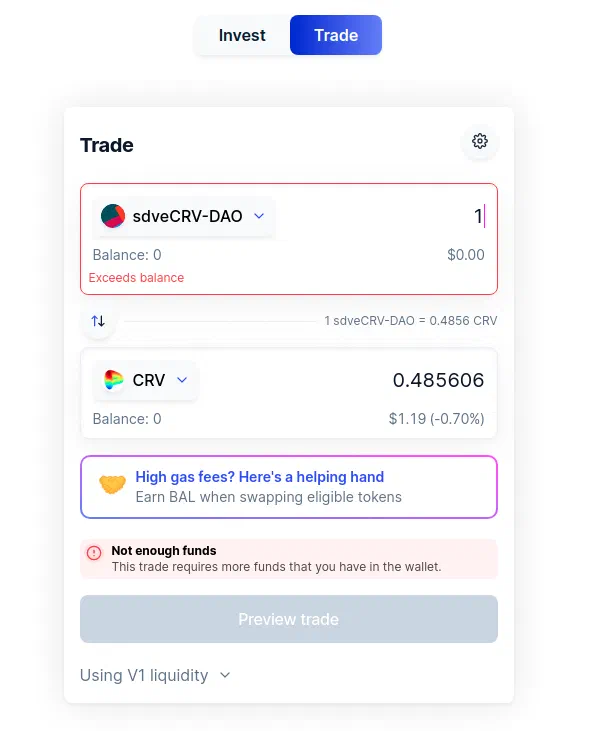 L'interface de swap propose environ 0,486 CRV pour un sdveCRV, montrant sa décote face au CRV.