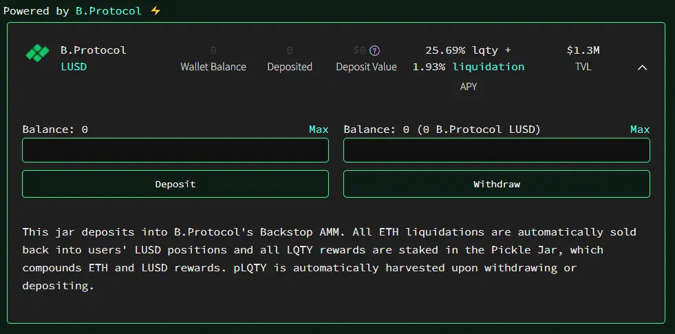 Vault LUSD B.Protocol de Pickle affichant les récompenses LQTY, le rendement des liquidations et les dépôts.
