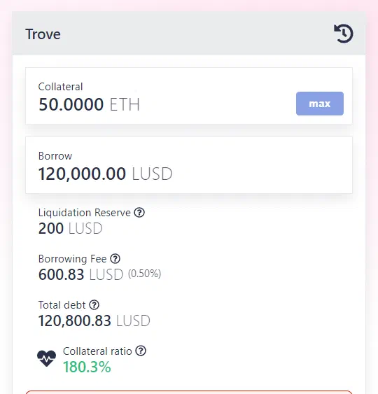 Exemple de Trove avec 50 ETH de collatéral, 120 000 LUSD empruntés et un ratio de collatéral de 180,3 %.